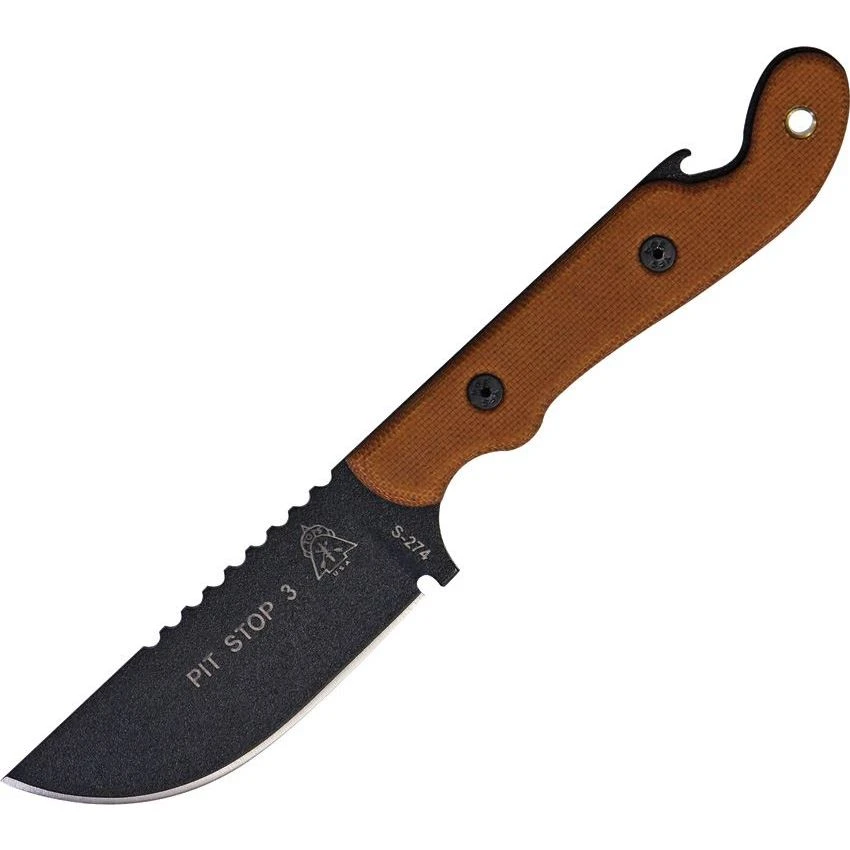 TOPS Knives TOPS PSK01 Pit Stop 3 Fixed Black Traction Coating Blade Knife With Tan Canvas Micarta Handles 3 TOPS Knives TOPS PSK01 Pit Stop 3 Fixed Black Traction Coating Blade Knife With Tan Canvas Micarta Handles