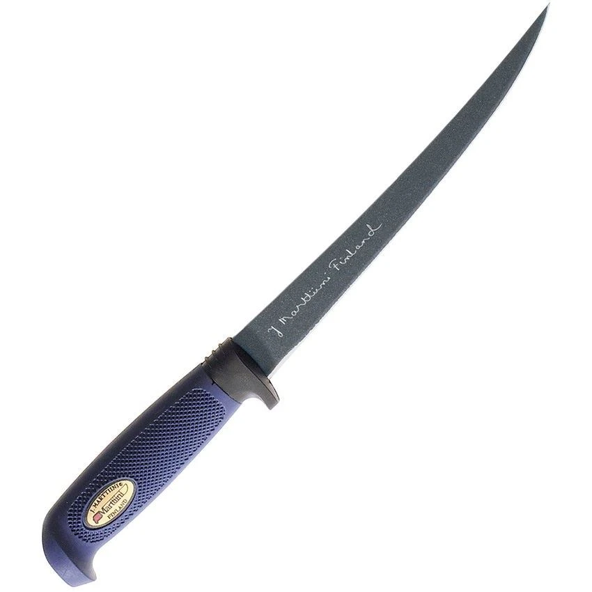 Marttiini 836014T Martef Fillet Knife With Leather Sheath And Blue Textured Rubber Handle 3 Marttiini 836014T Martef Fillet Knife With Leather Sheath And Blue Textured Rubber Handle