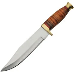 Pakistan 3385 Bowie Clip Point Blade Knife With Stacked Leather Handle